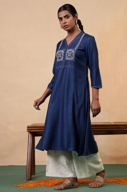 Folksong Classic Blue Viscose Blend Flared Beaded Regular Kurta