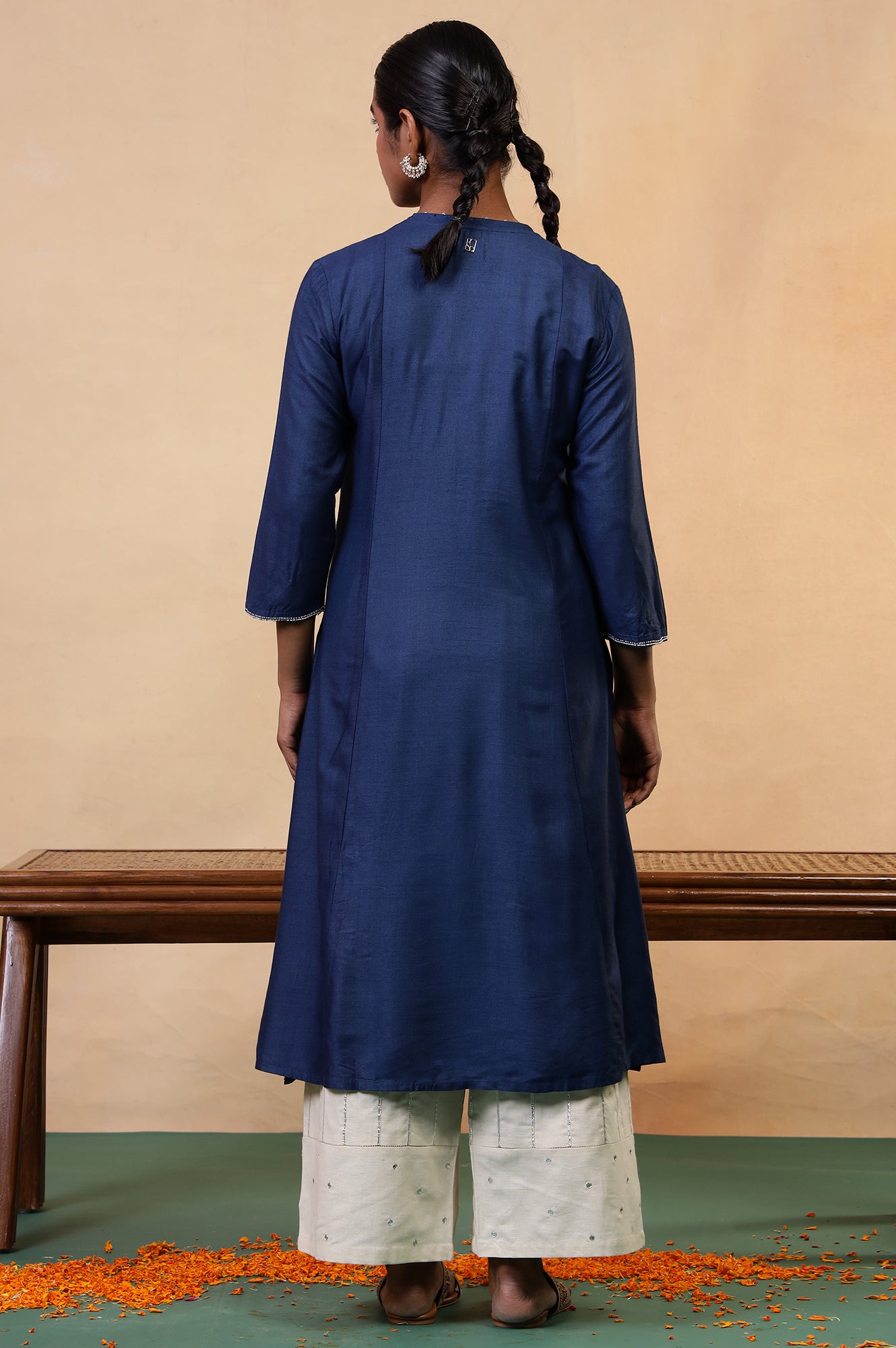 Folksong Classic Blue Viscose Blend Flared Beaded Regular Kurta