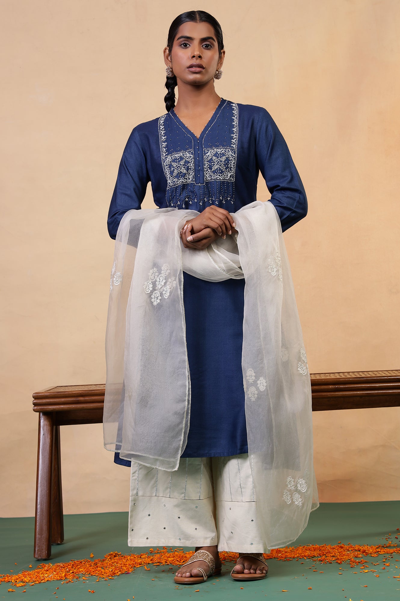Folksong Classic Blue Viscose Blend Flared Beaded Regular Kurta