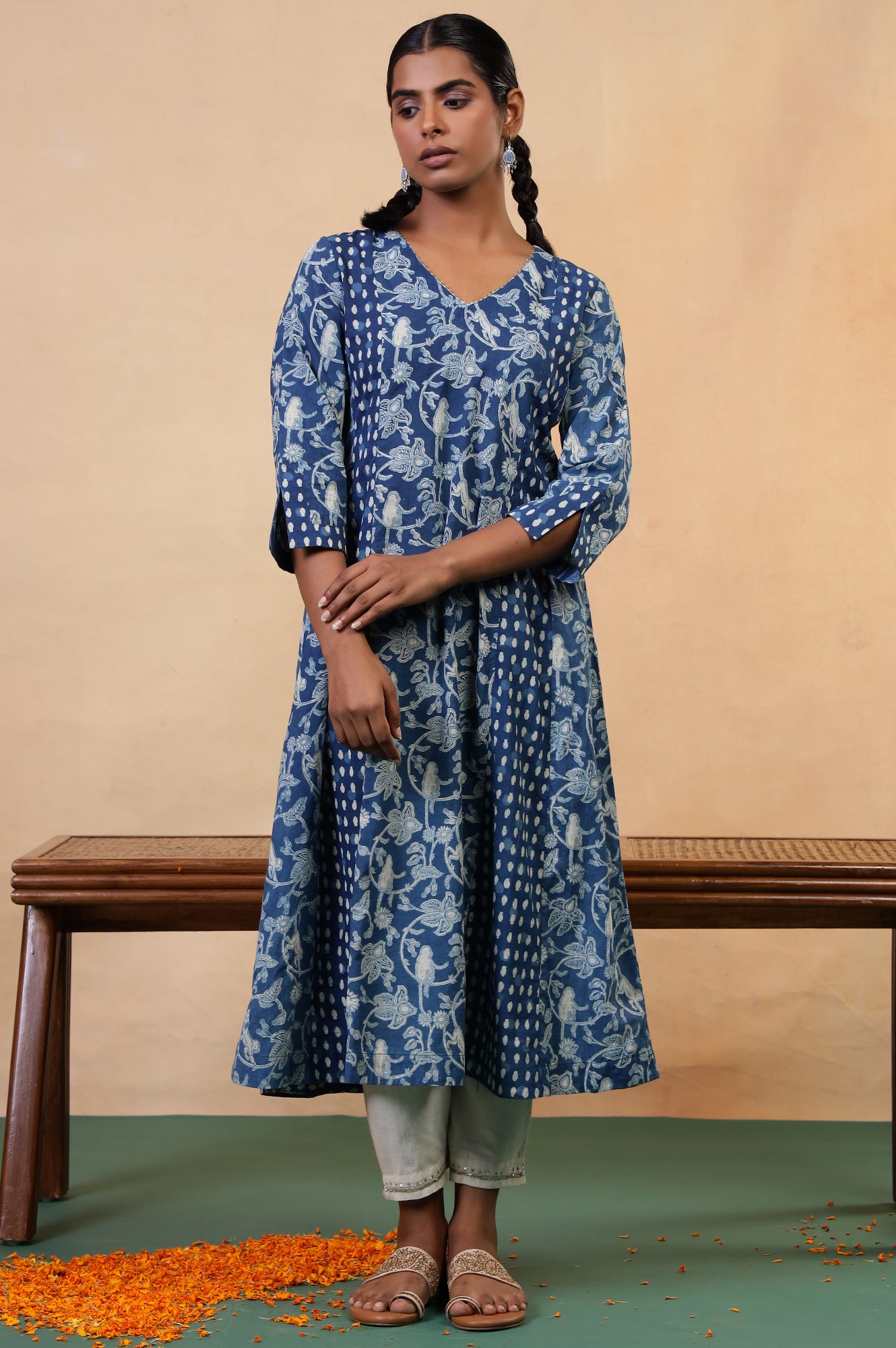 Folksong Indigo Blue Tropical Gotta Patti Cotton Flared Anarkali Kurta