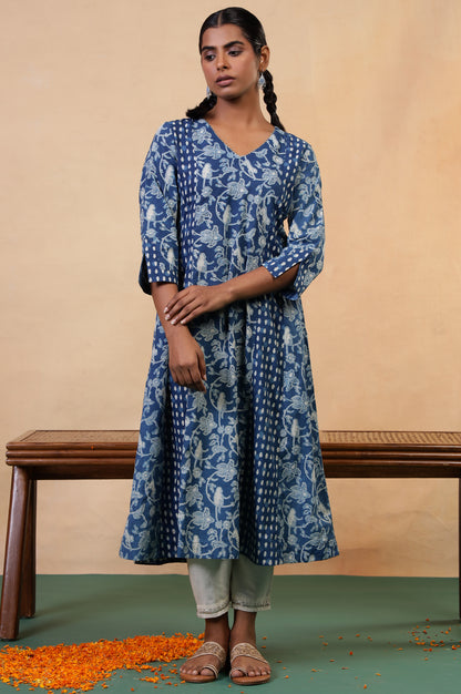 Folksong Indigo Blue Tropical Gotta Patti Cotton Flared Anarkali Kurta