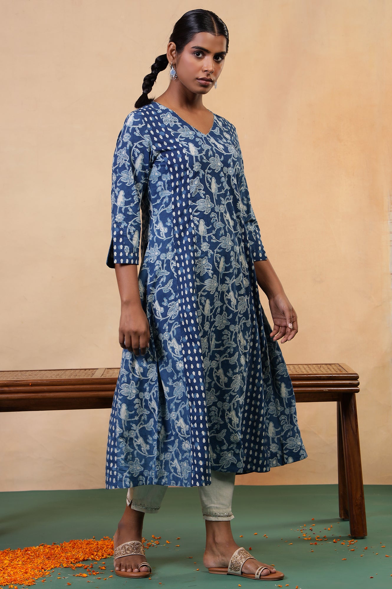 Folksong Indigo Blue Tropical Gotta Patti Cotton Flared Anarkali Kurta