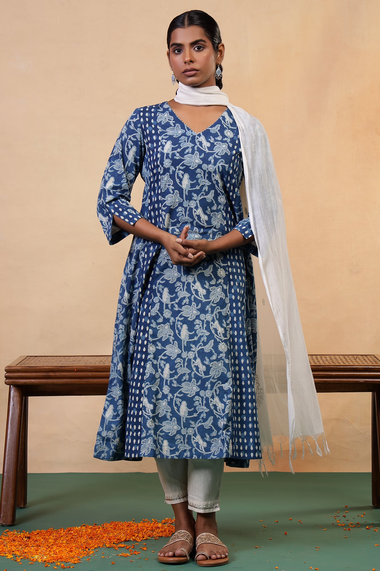 Folksong Indigo Blue Tropical Gotta Patti Cotton Flared Anarkali Kurta