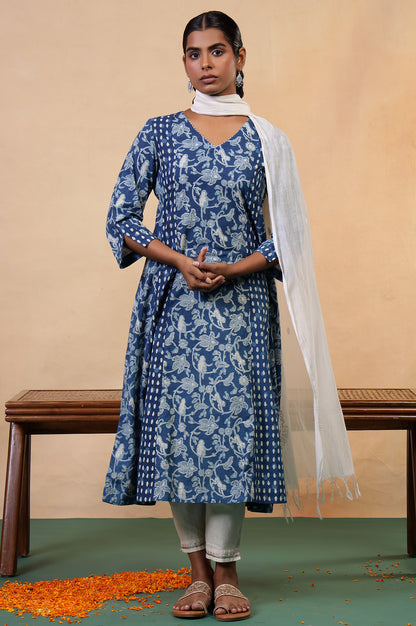 Folksong Indigo Blue Tropical Gotta Patti Cotton Flared Anarkali Kurta