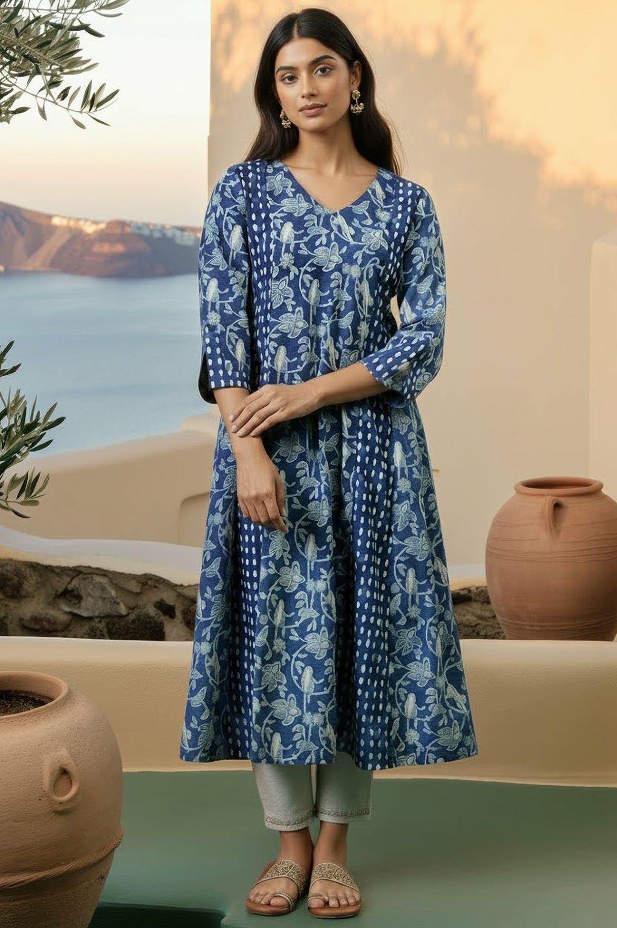 Folksong Indigo Blue Tropical Gotta Patti Cotton Flared Anarkali Kurta - XS