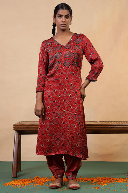 Folksong Red Clay Viscose Straight-Fit Ethnic Motif Ajrakh Print Kurta