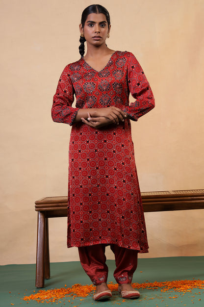 Folksong Red Clay Viscose Straight-Fit Ethnic Motif Ajrakh Print Kurta