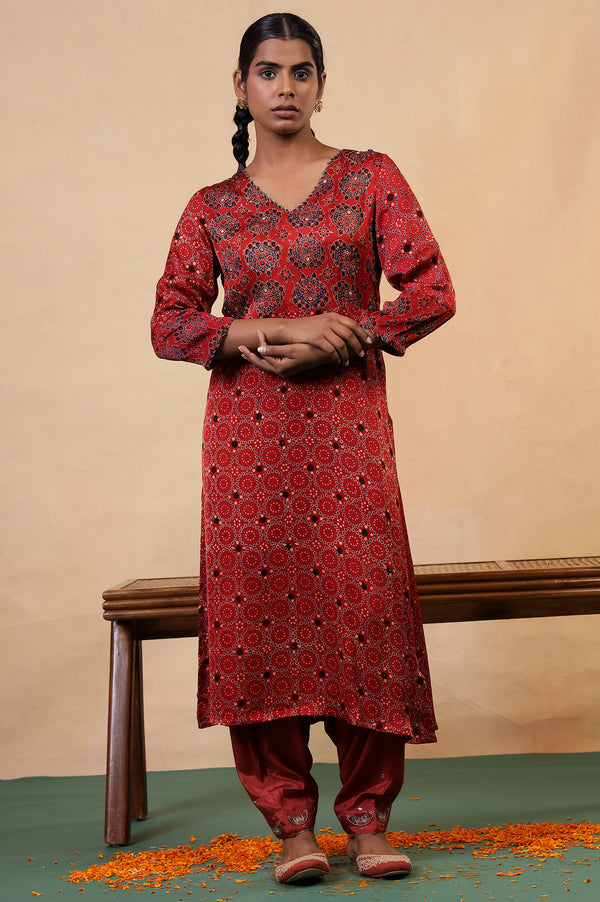 Folksong Red Clay Viscose Straight-Fit Ethnic Motif Ajrakh Print Kurta