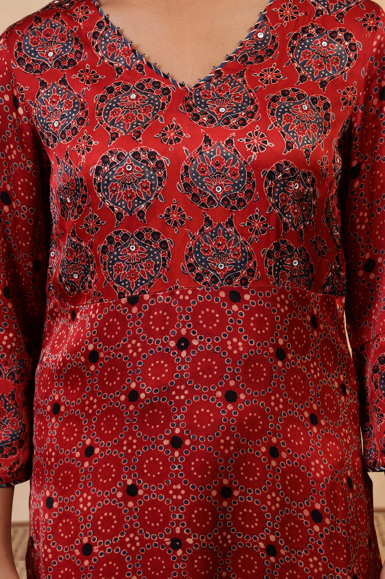 Folksong Red Clay Viscose Straight-Fit Ethnic Motif Ajrakh Print Kurta