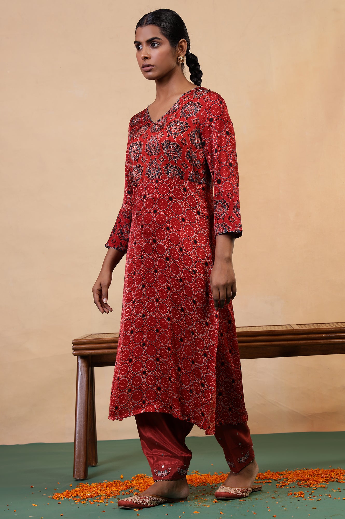 Folksong Red Clay Viscose Straight-Fit Ethnic Motif Ajrakh Print Kurta