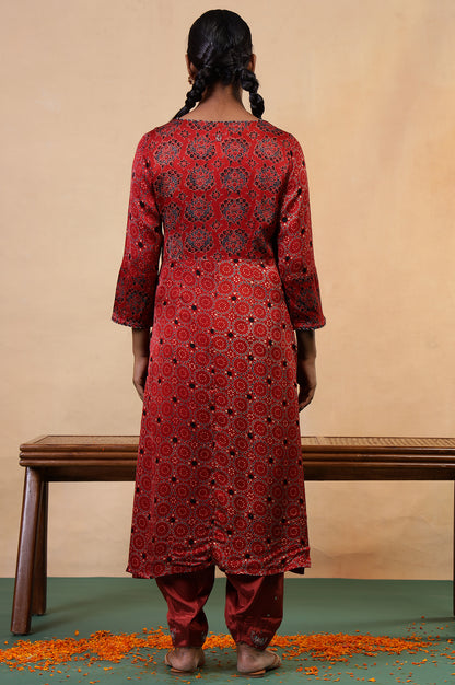 Folksong Red Clay Viscose Straight-Fit Ethnic Motif Ajrakh Print Kurta