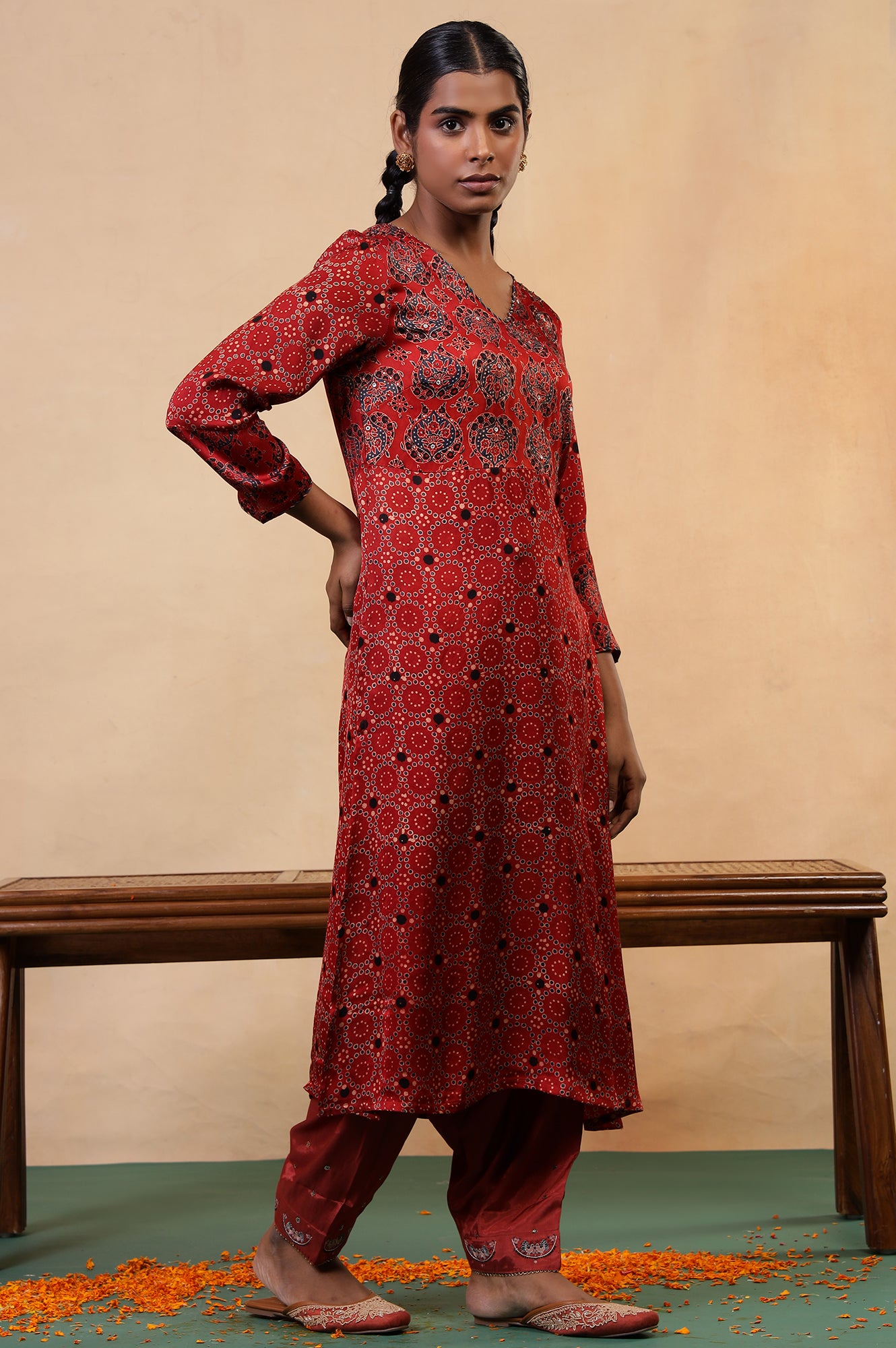 Folksong Red Clay Viscose Straight-Fit Ethnic Motif Ajrakh Print Kurta