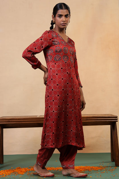 Folksong Red Clay Viscose Straight-Fit Ethnic Motif Ajrakh Print Kurta