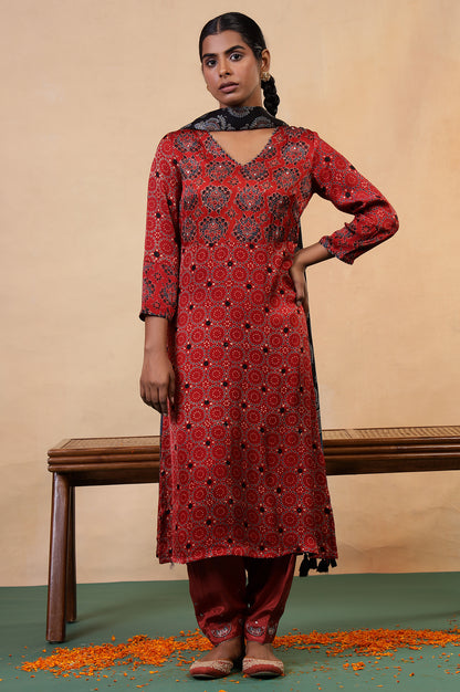 Folksong Red Clay Viscose Straight-Fit Ethnic Motif Ajrakh Print Kurta