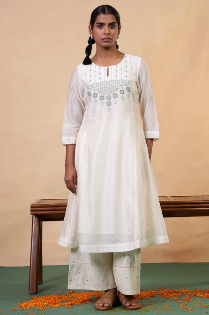 Folksong Off-White Beaded Cotton Silk Blend Flared Anarkali Kurta