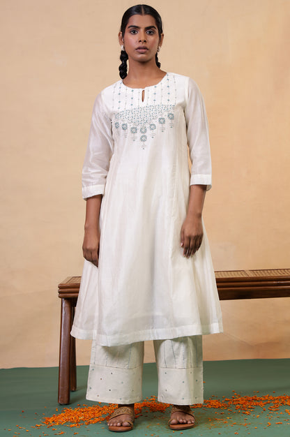 Folksong Off-White Beaded Cotton Silk Blend Flared Anarkali Kurta