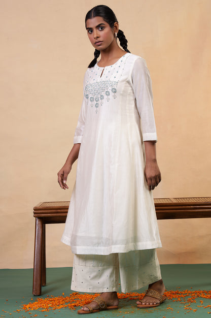 Folksong Off-White Beaded Cotton Silk Blend Flared Anarkali Kurta