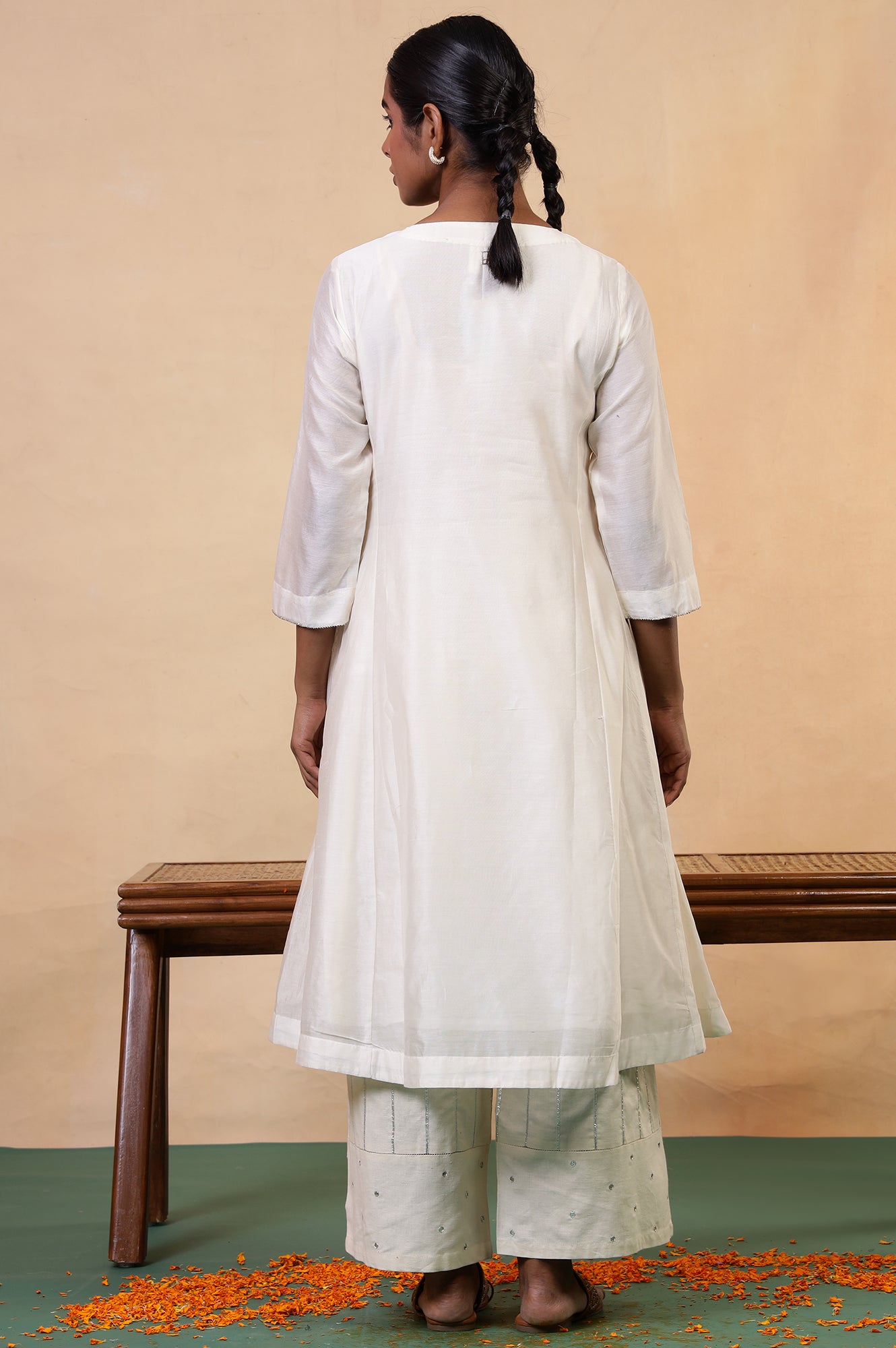 Folksong Off-White Beaded Cotton Silk Blend Flared Anarkali Kurta