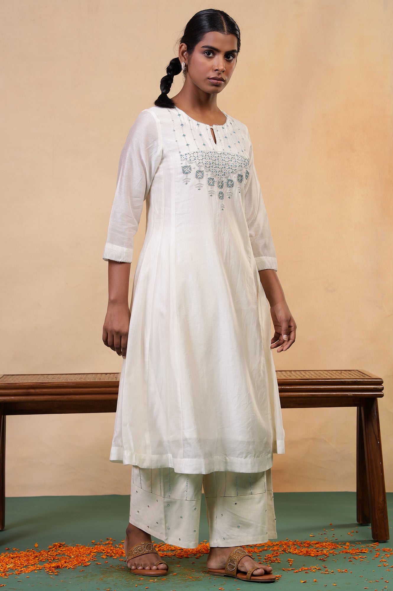 Folksong Off-White Beaded Cotton Silk Blend Flared Anarkali Kurta