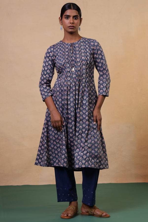 Folksong Slate Blue Cotton Flared Floral Hand Block Printed Anarkali