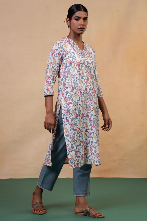 Folksong Whisper White Floral Mirror Work Cotton Straight Kurta