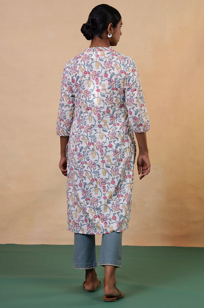 Folksong Whisper White Floral Mirror Work Cotton Straight Kurta