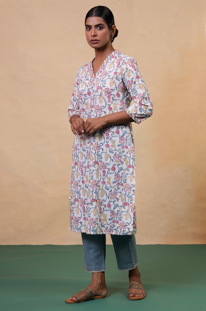 Folksong Whisper White Floral Mirror Work Cotton Straight Kurta