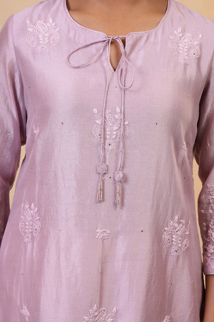 Folksong Lilac Cotton-Silk A-Line Embroidered Chikankari Regular Kurta