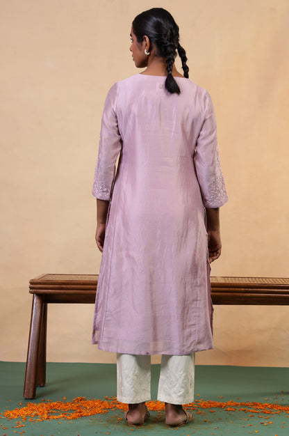 Folksong Lilac Cotton-Silk A-Line Embroidered Chikankari Regular Kurta