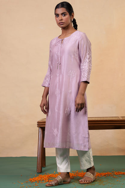 Folksong Lilac Cotton-Silk A-Line Embroidered Chikankari Regular Kurta