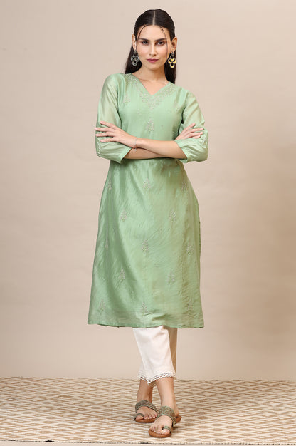 Sage Green Chikankari Kurta In Cotton Silk