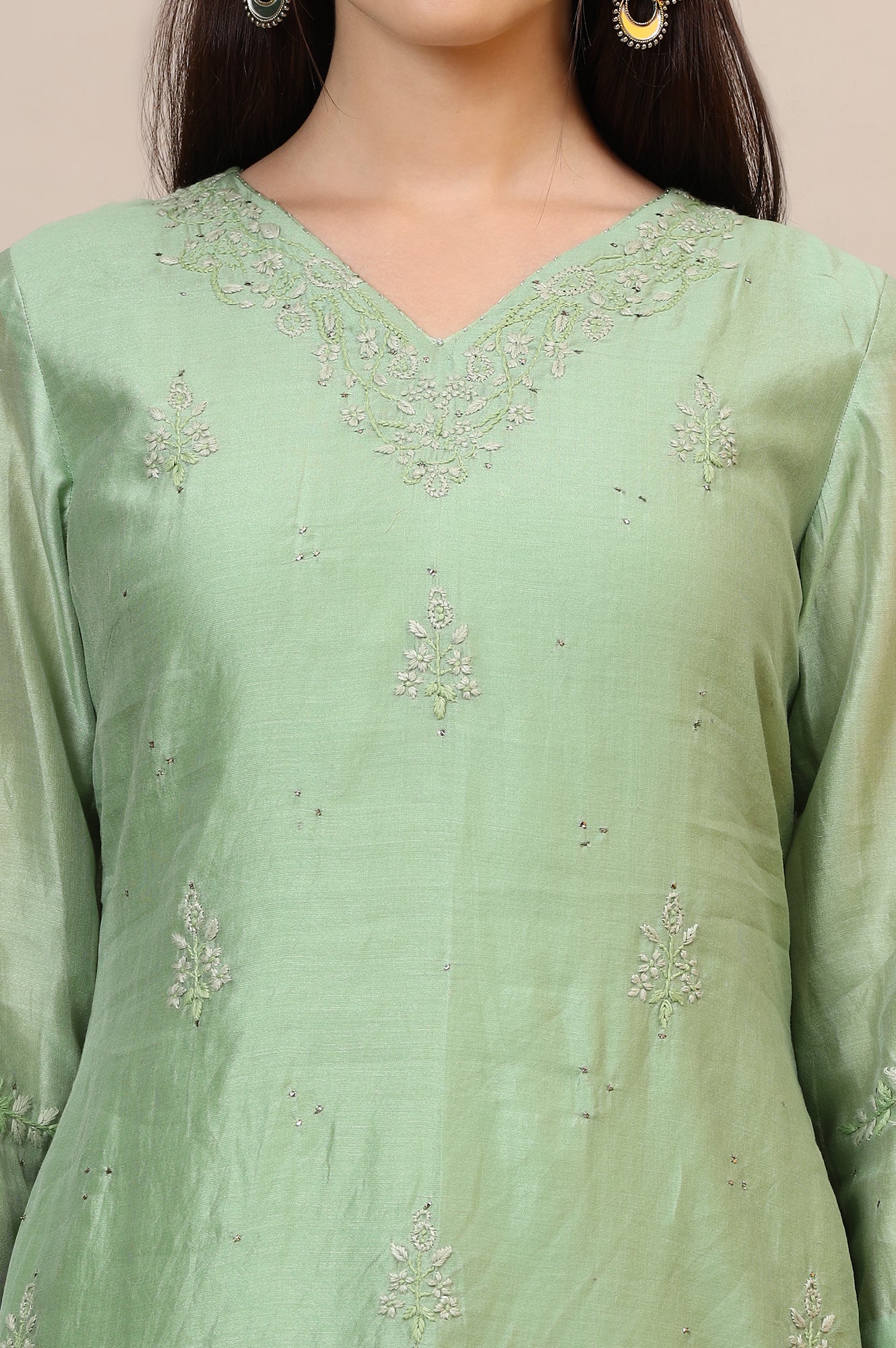 Sage Green Chikankari Kurta In Cotton Silk