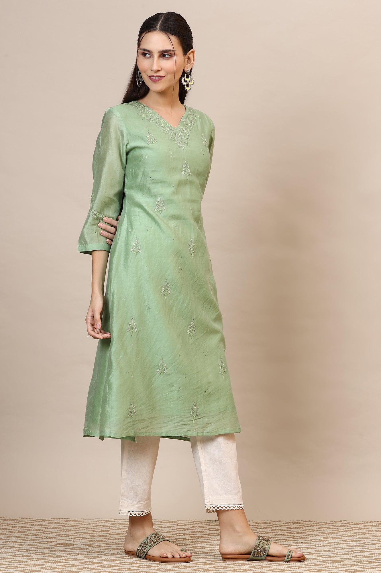 Sage Green Chikankari Kurta In Cotton Silk