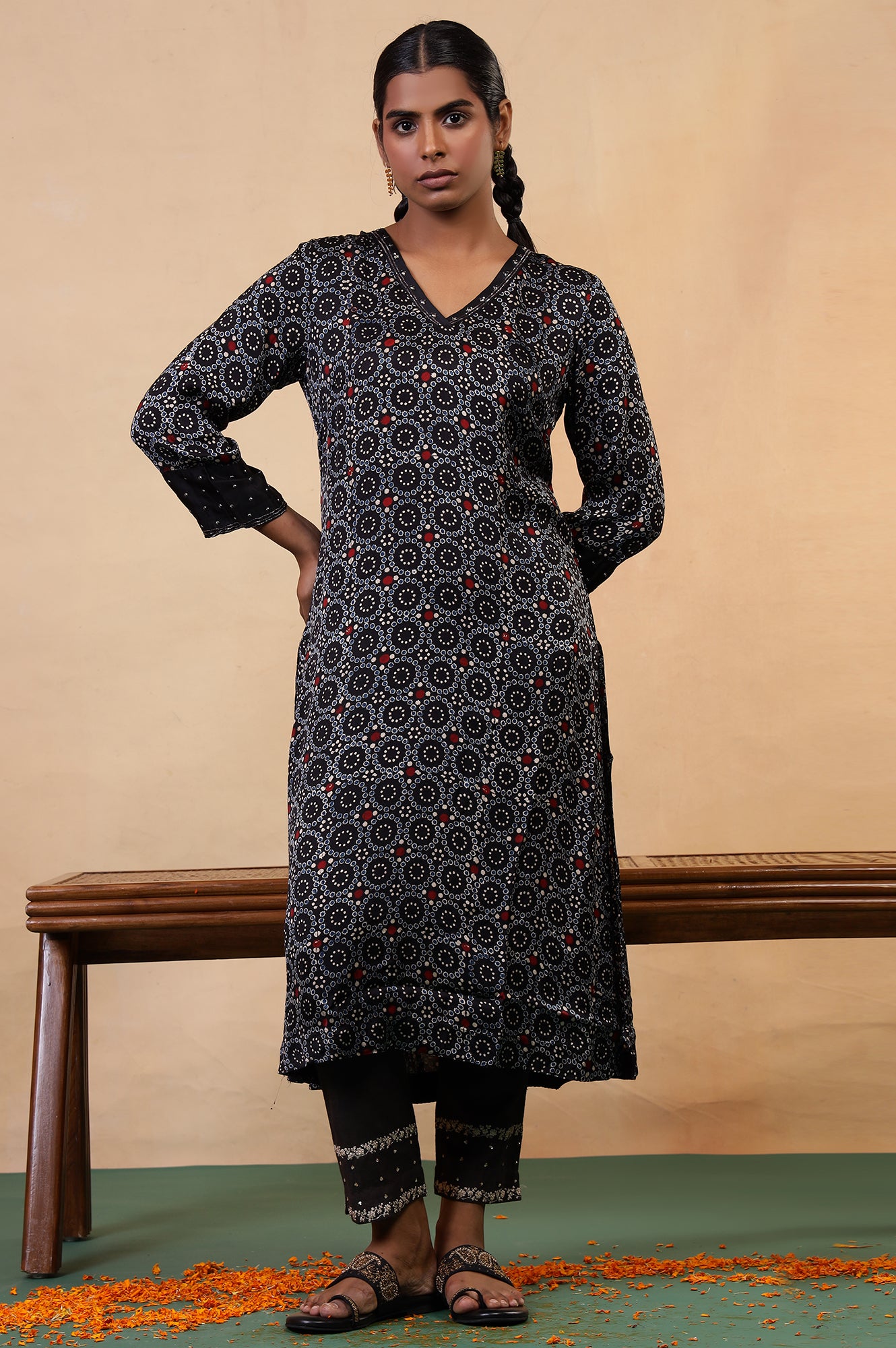 Folksong Black Iron Geometric Sequin Embellished Viscose A-Line Ajrakh Kurta