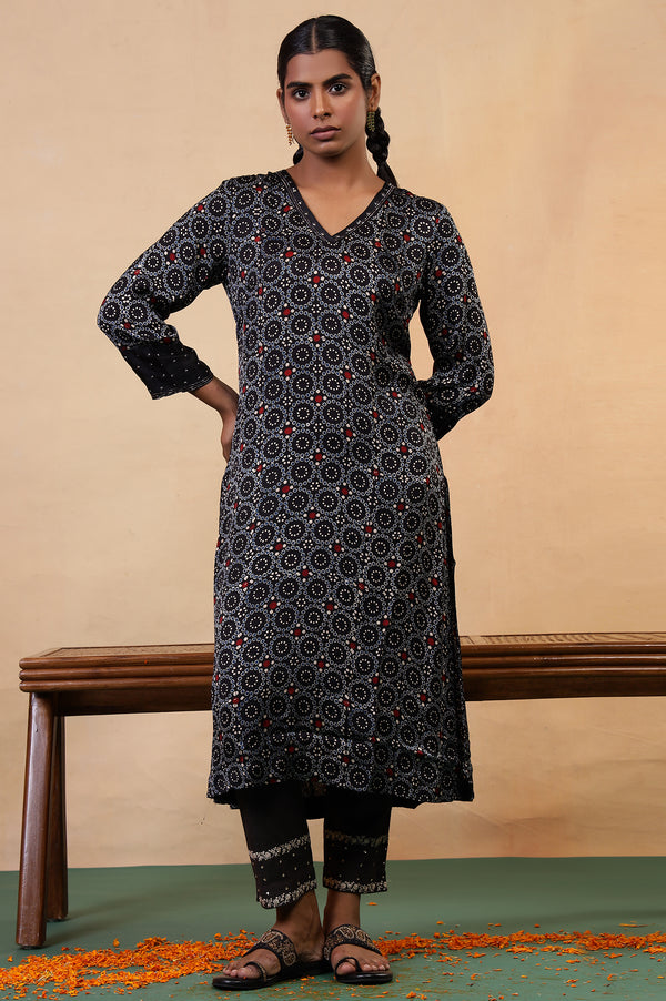 Folksong Black Iron Geometric Sequin Embellished Viscose A-Line Ajrakh Kurta