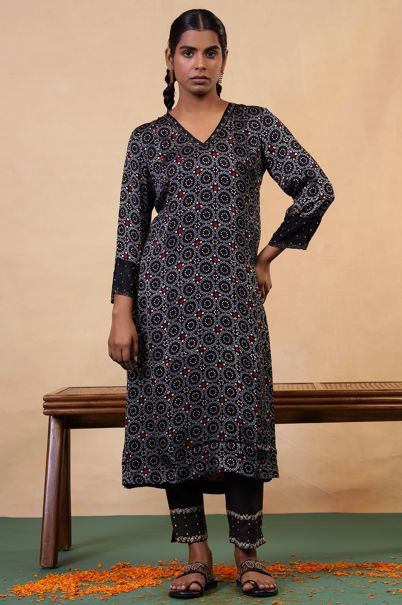 Folksong Black Iron Geometric Sequin Embellished Viscose A-Line Ajrakh Kurta