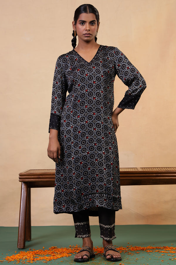 Folksong Black Iron Geometric Sequin Embellished Viscose A-Line Ajrakh Kurta