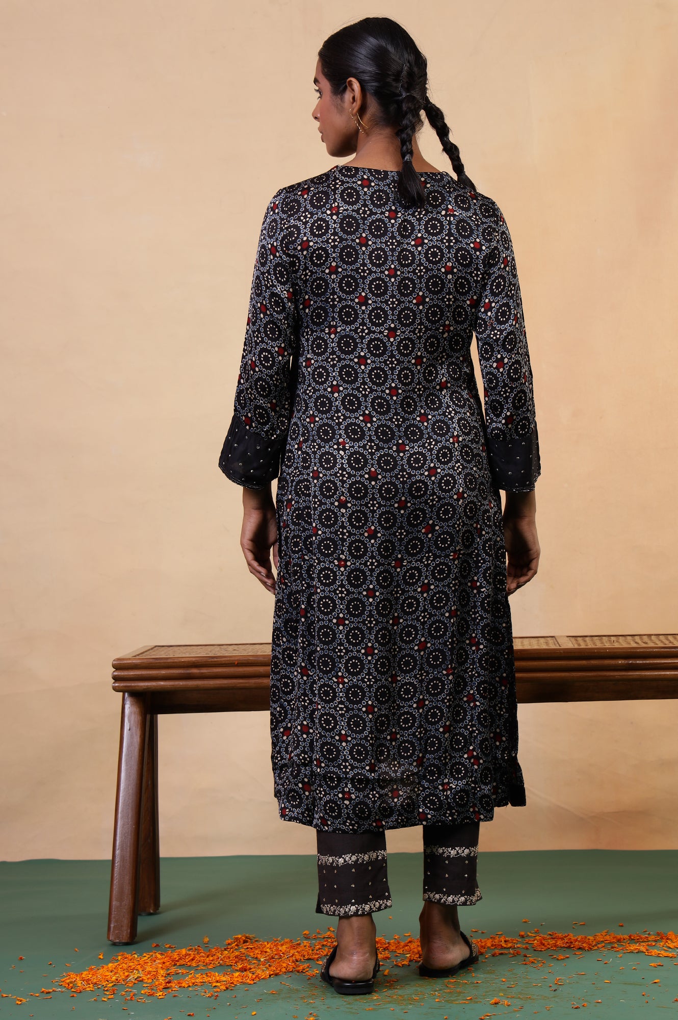 Folksong Black Iron Geometric Sequin Embellished Viscose A-Line Ajrakh Kurta