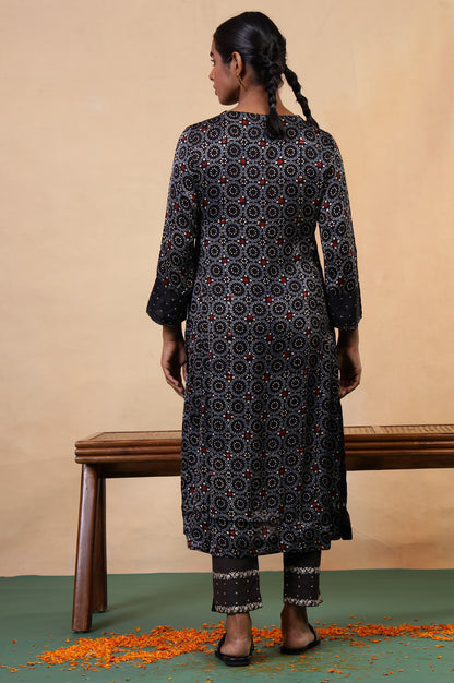 Folksong Black Iron Geometric Sequin Embellished Viscose A-Line Ajrakh Kurta