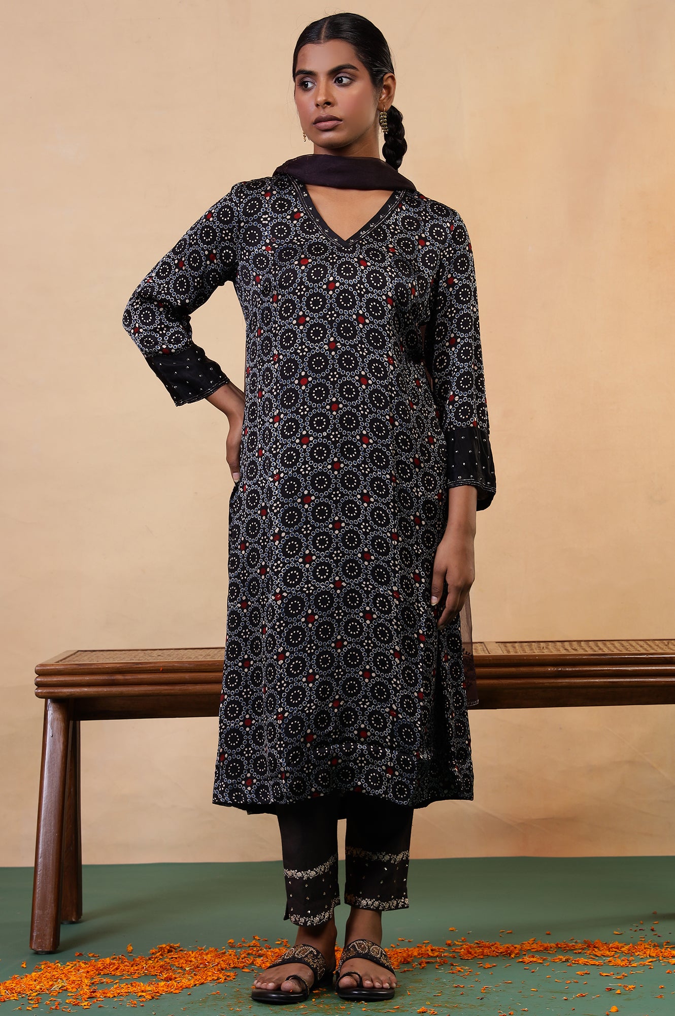 Folksong Black Iron Geometric Sequin Embellished Viscose A-Line Ajrakh Kurta