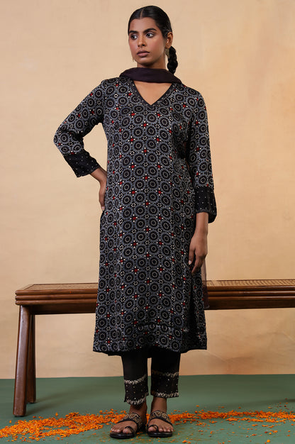 Folksong Black Iron Geometric Sequin Embellished Viscose A-Line Ajrakh Kurta