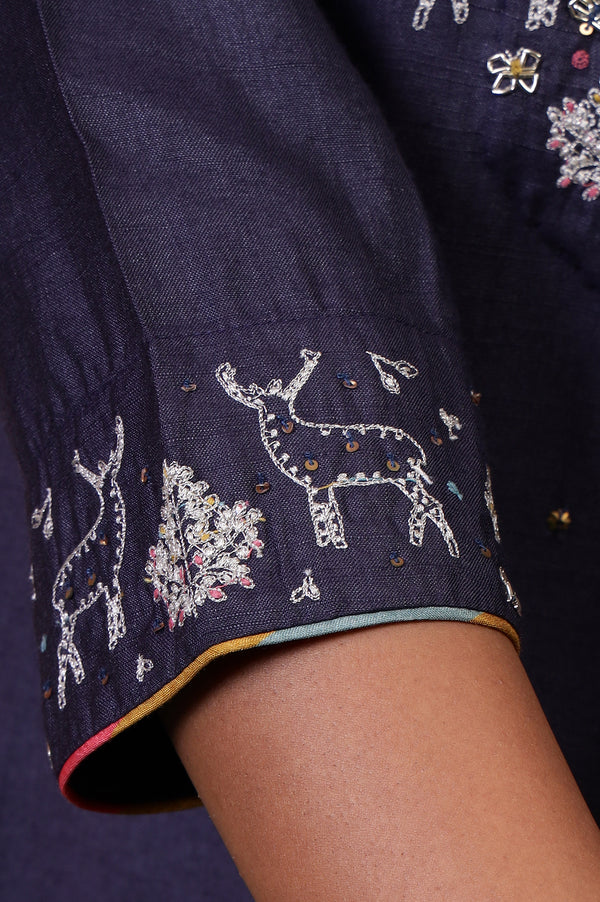 Folksong Blue Grey Sequin Embellished Viscose Blend Straight Kurta