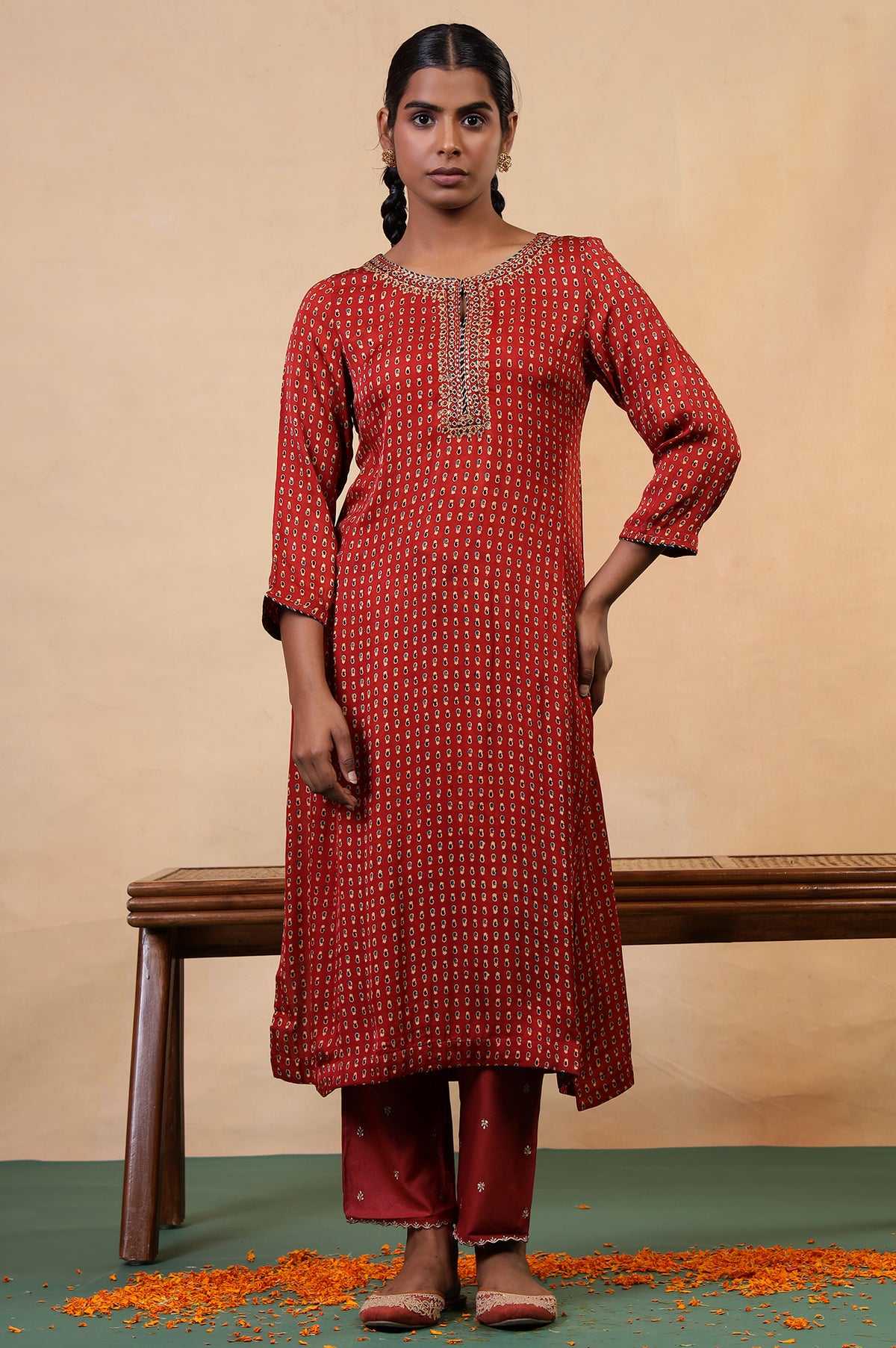 Folksong Rust Orange Viscose A-Line Ethnic Motif Ajrakh Print Kurta - XS