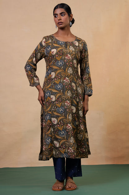 Folksong Golden Olive Floral Metallic Embroidered Viscose Flared Kurta
