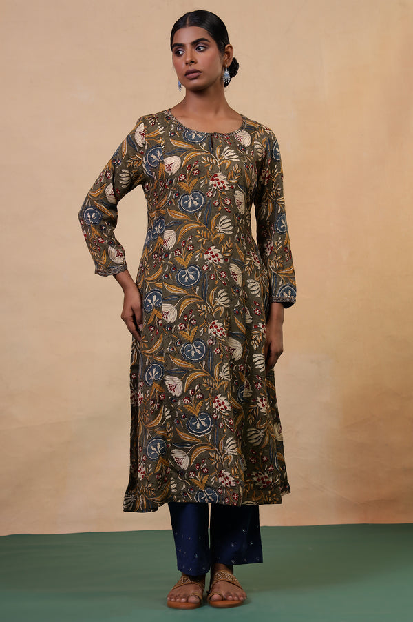 Folksong Golden Olive Floral Metallic Embroidered Viscose Flared Kurta
