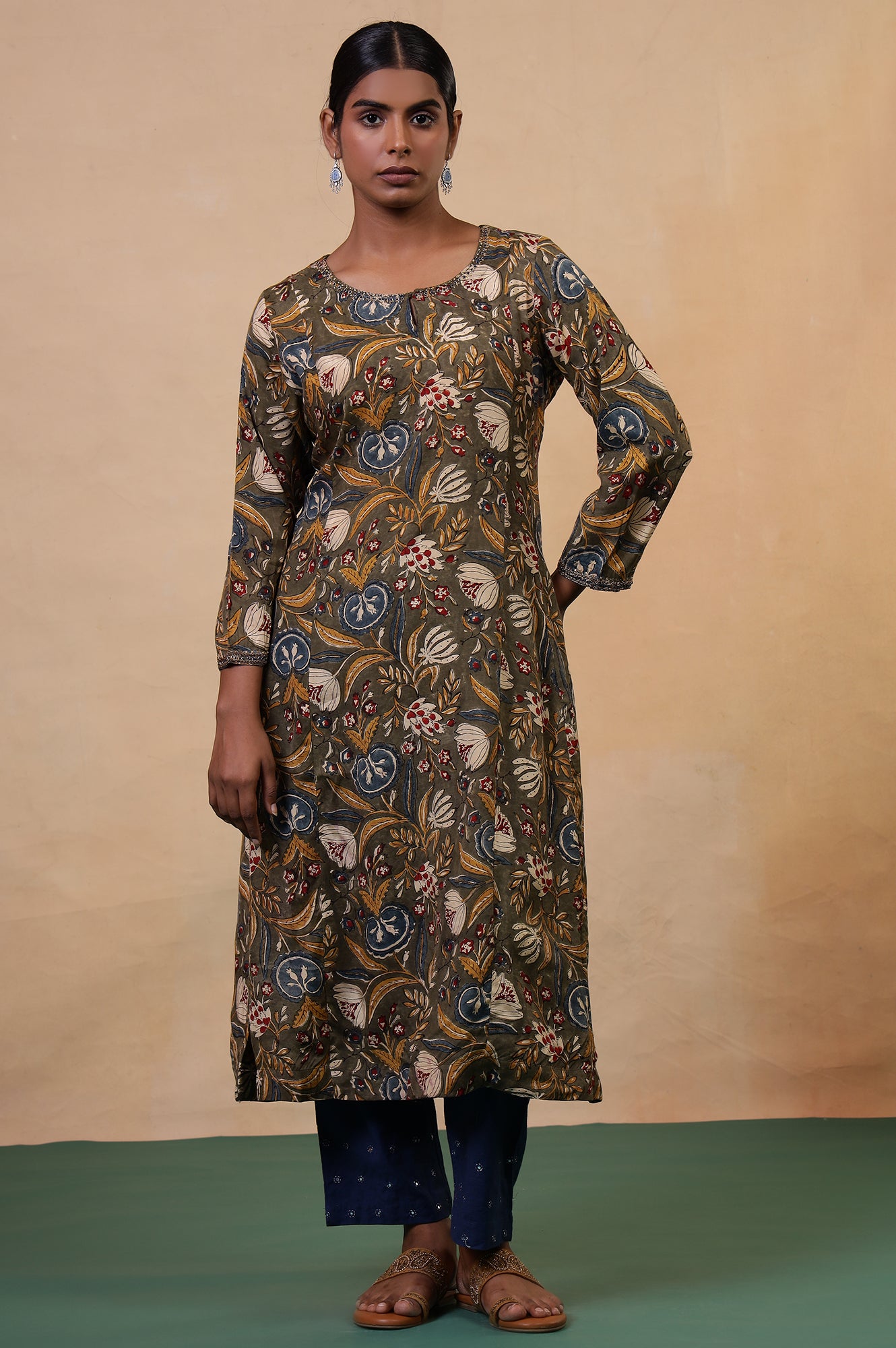 Folksong Golden Olive Floral Metallic Embroidered Viscose Flared Kurta