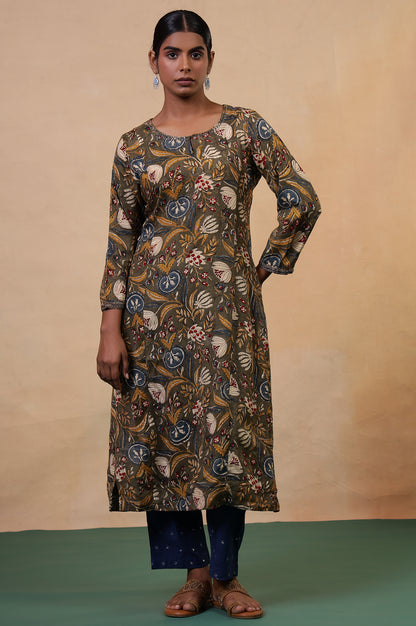 Folksong Golden Olive Floral Metallic Embroidered Viscose Flared Kurta