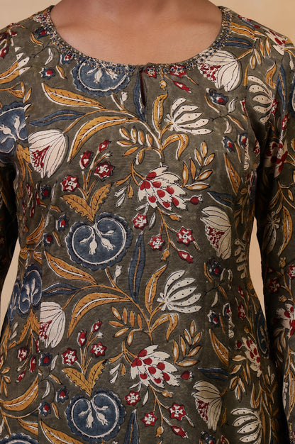 Folksong Golden Olive Floral Metallic Embroidered Viscose Flared Kurta