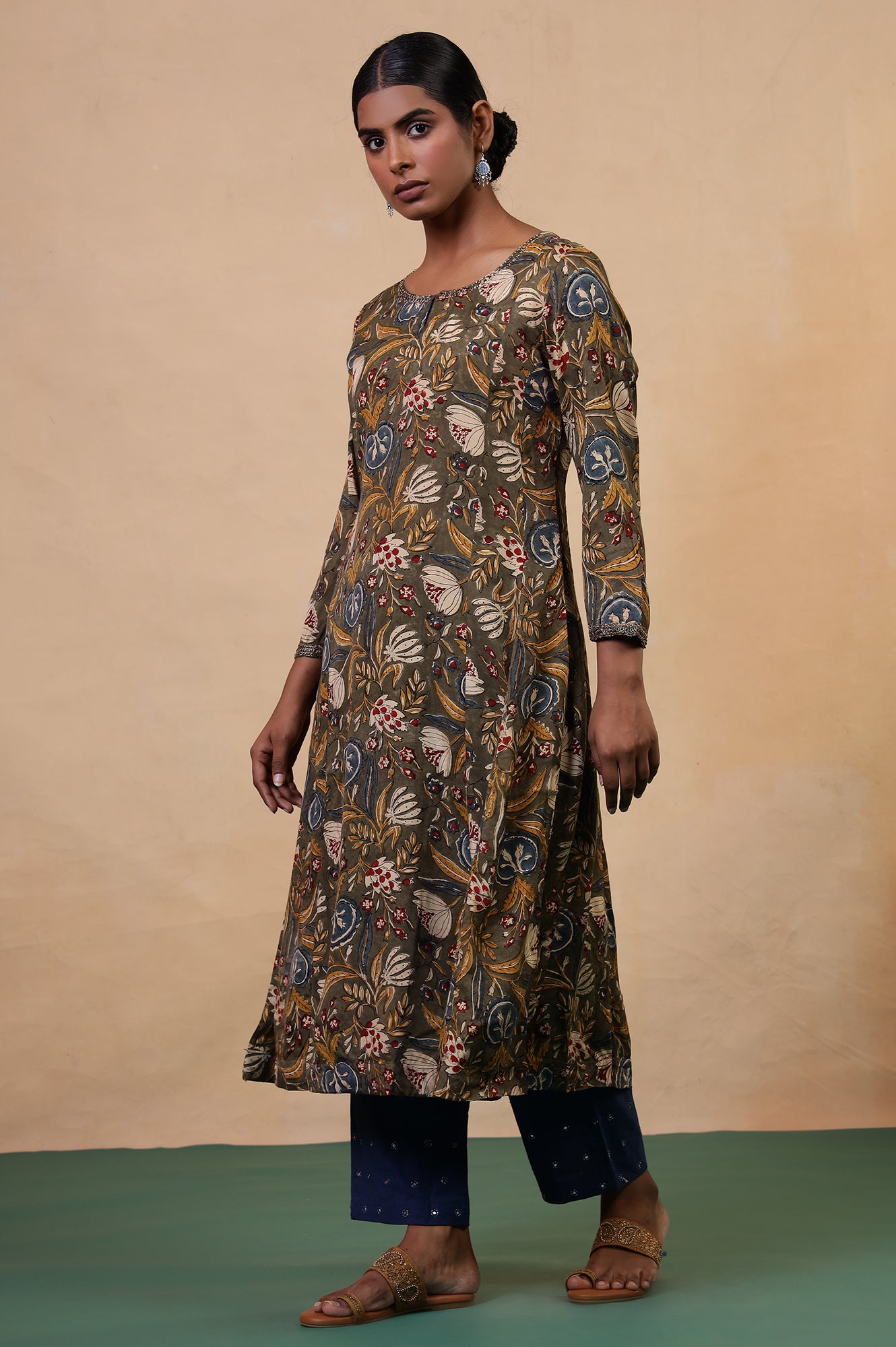 Folksong Golden Olive Floral Metallic Embroidered Viscose Flared Kurta