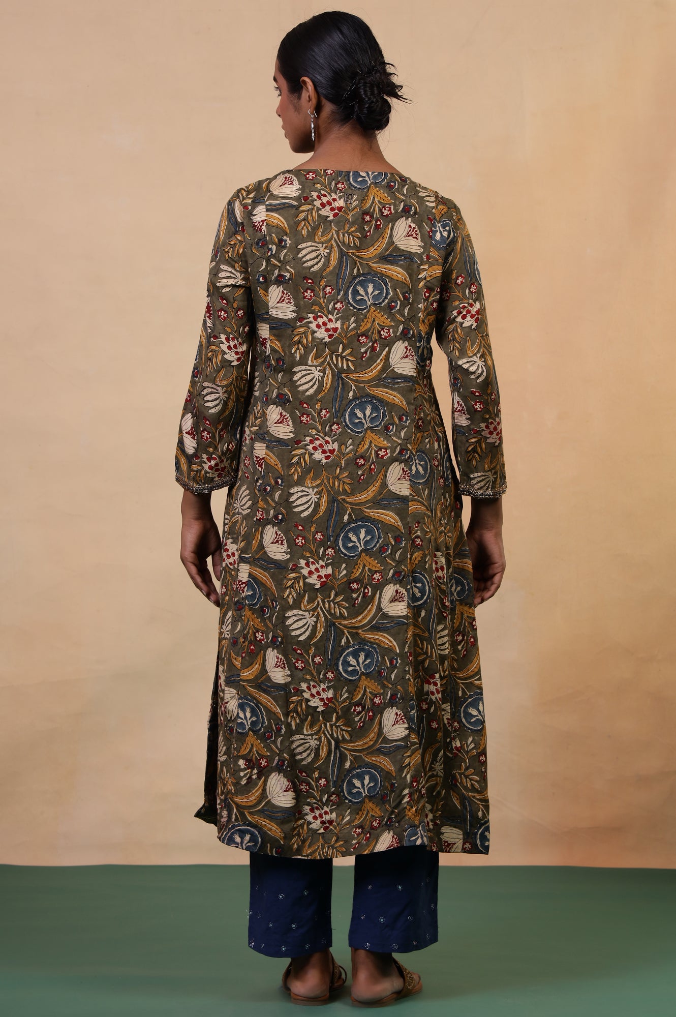 Folksong Golden Olive Floral Metallic Embroidered Viscose Flared Kurta